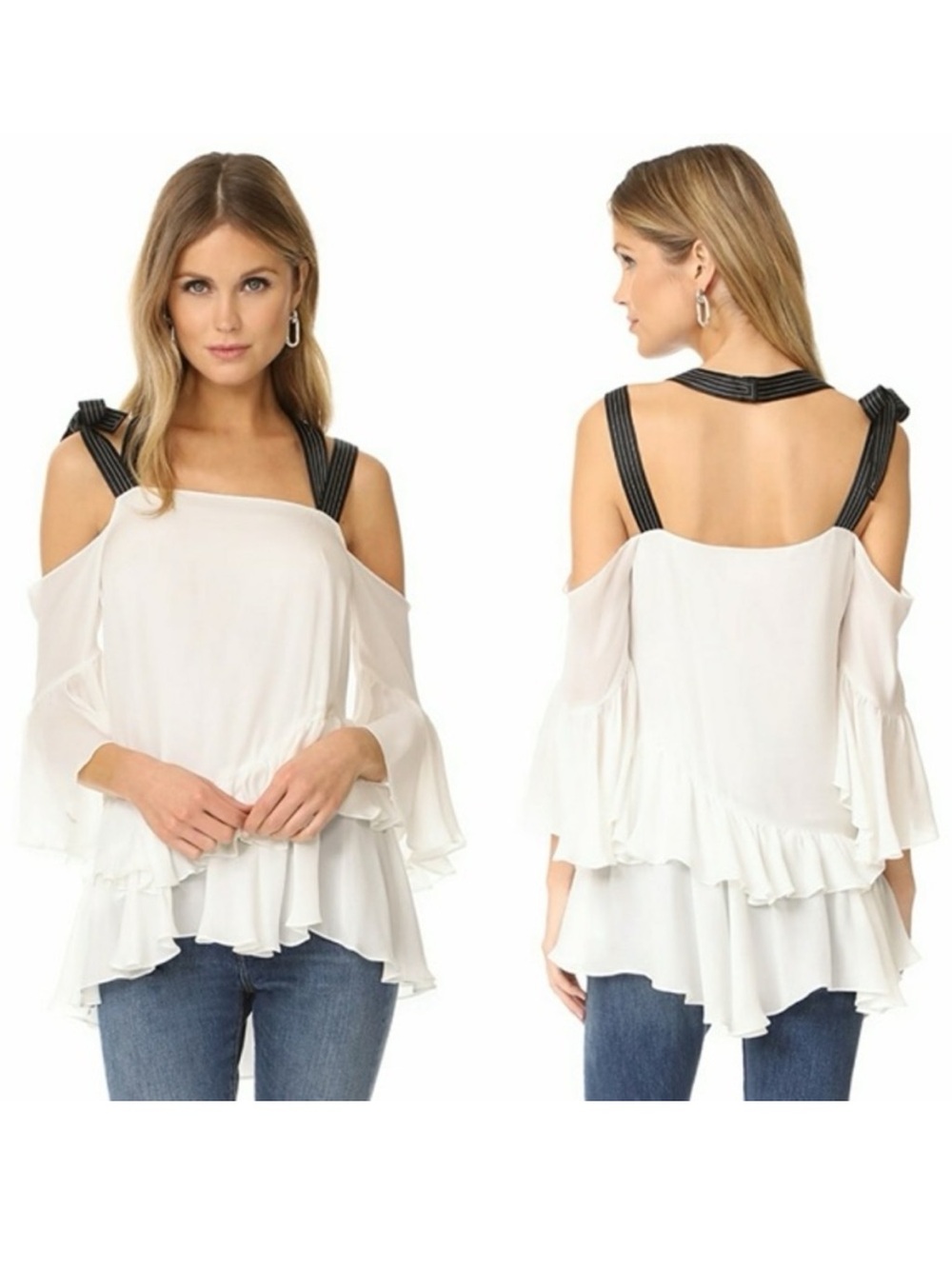 Cinq a Sept ivory 100% silk dulce cold shoulder ruffle top womens S